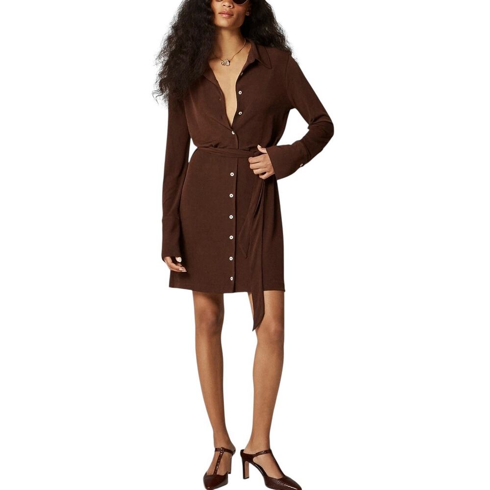 J Crew Womens Long Sleeve Button Down Shirt Dress Tie Waist Brown Large NWT